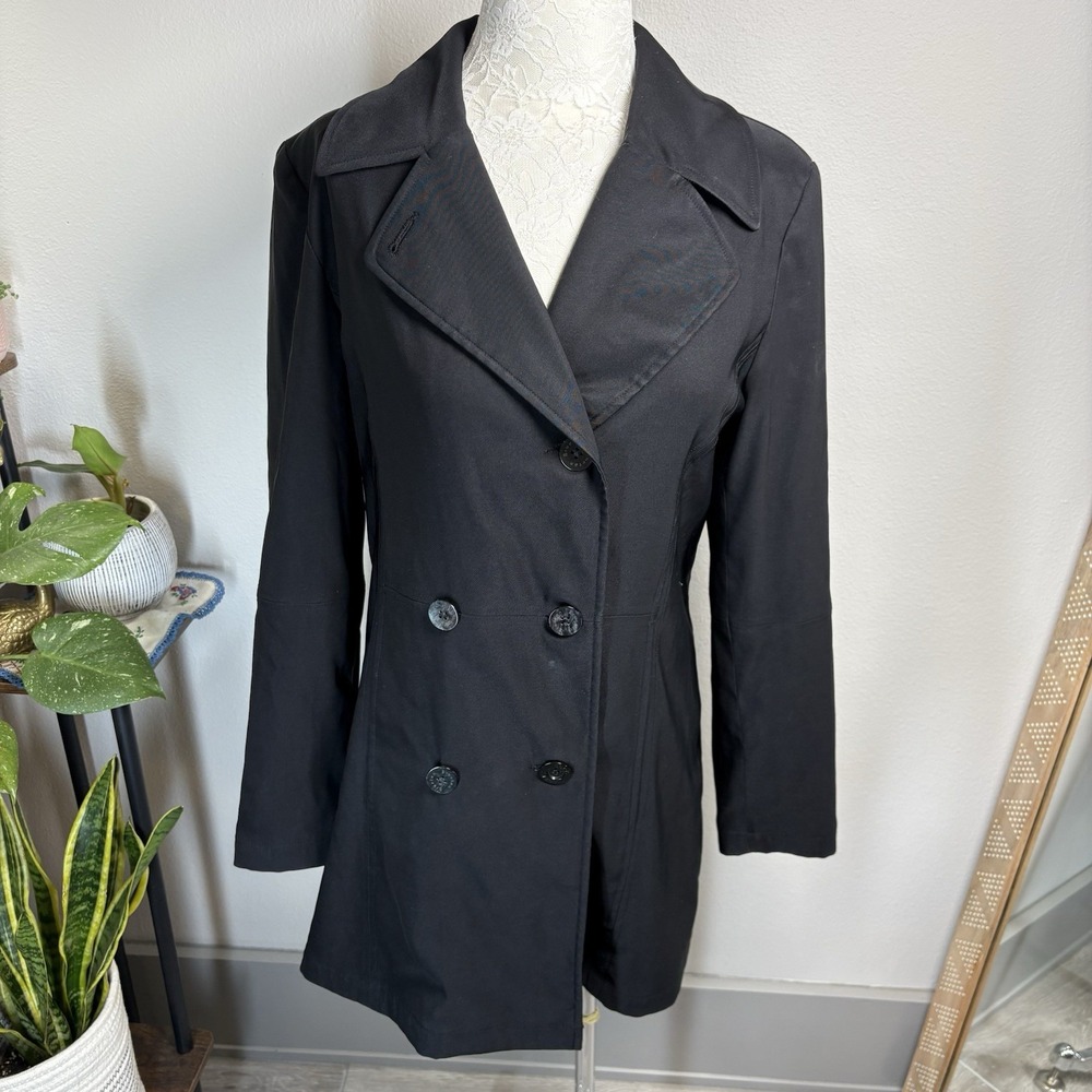 Braetan Women M Black Trench Coat MISSING BUTTON Dark Academia Double Breasted